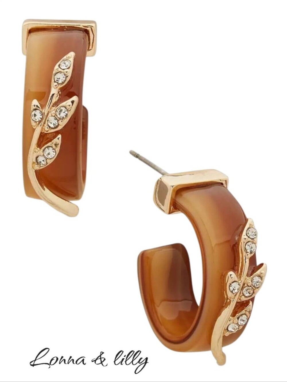 NWT lonna & lilly Gold-Tone Pavé Branch Brown Small Huggie Hoop Earrings